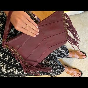 Maroon Fringe Large Clutch with Wrist Loop